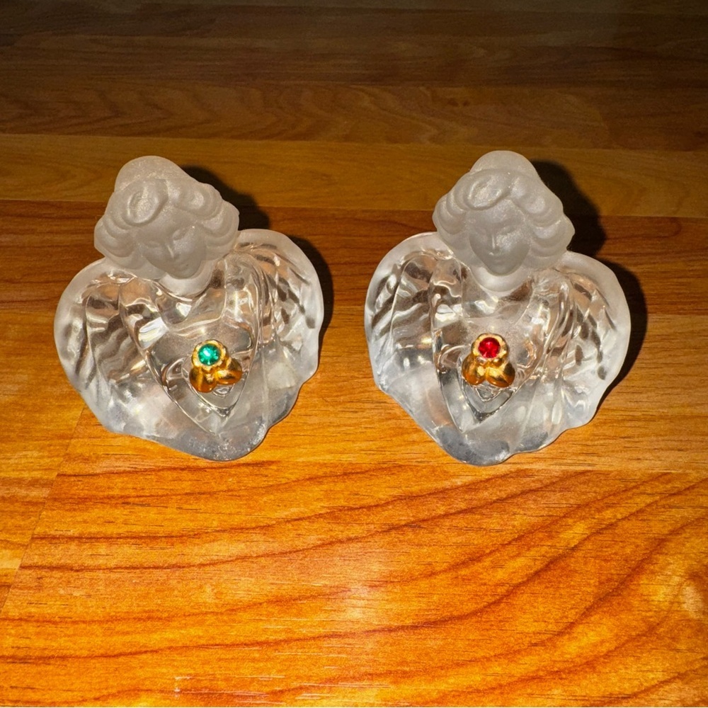 2 FENTON Guardian Angel Figurines Clear Frosted Glass Emerald & Ruby Birthstones